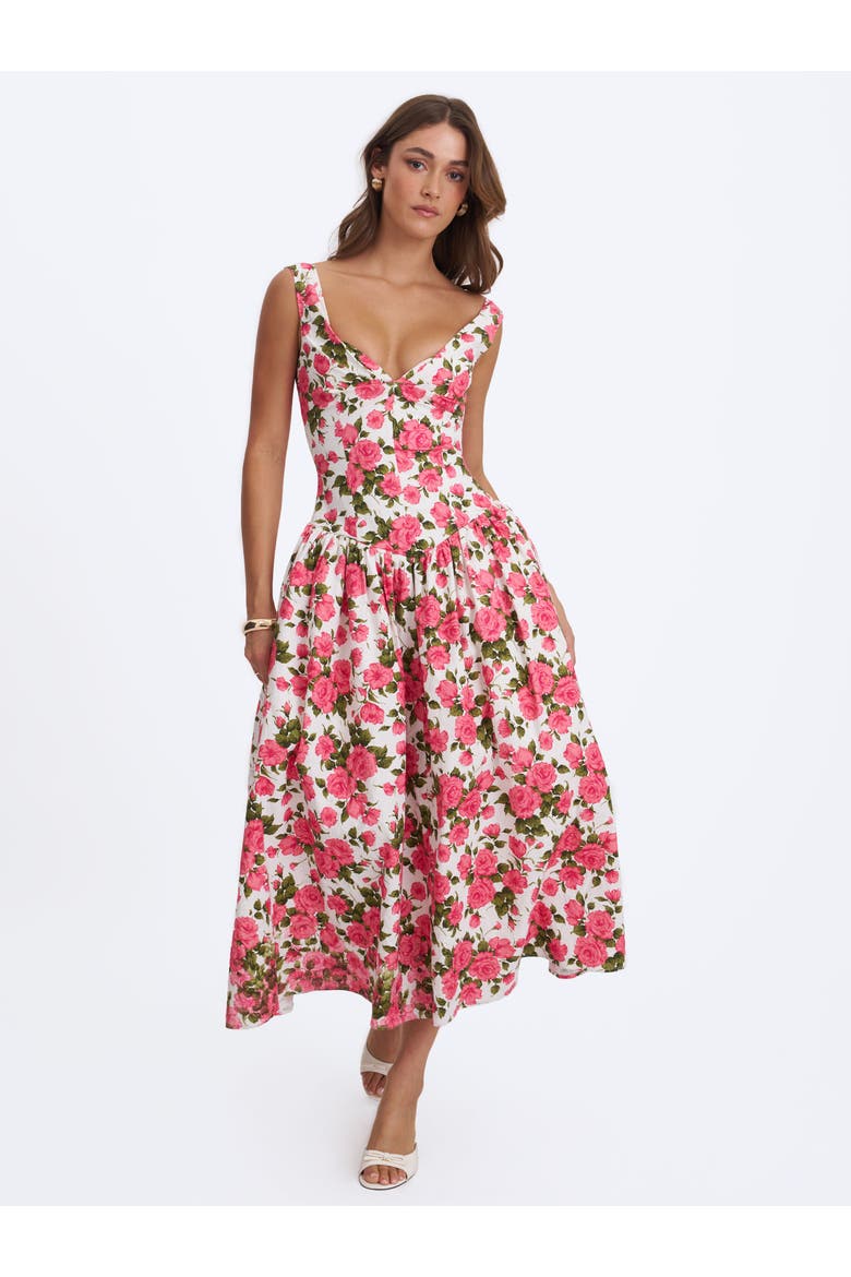 Wilfreda Blooming Floral Linen Sweetheart Midi Dress, Alternate, color, Pink
