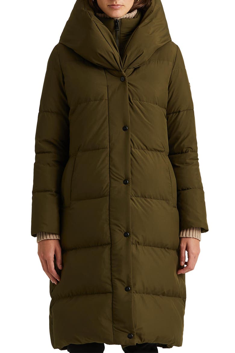 Pillow Hood Longline Down & Feather Jacket, Main, color, LODEN