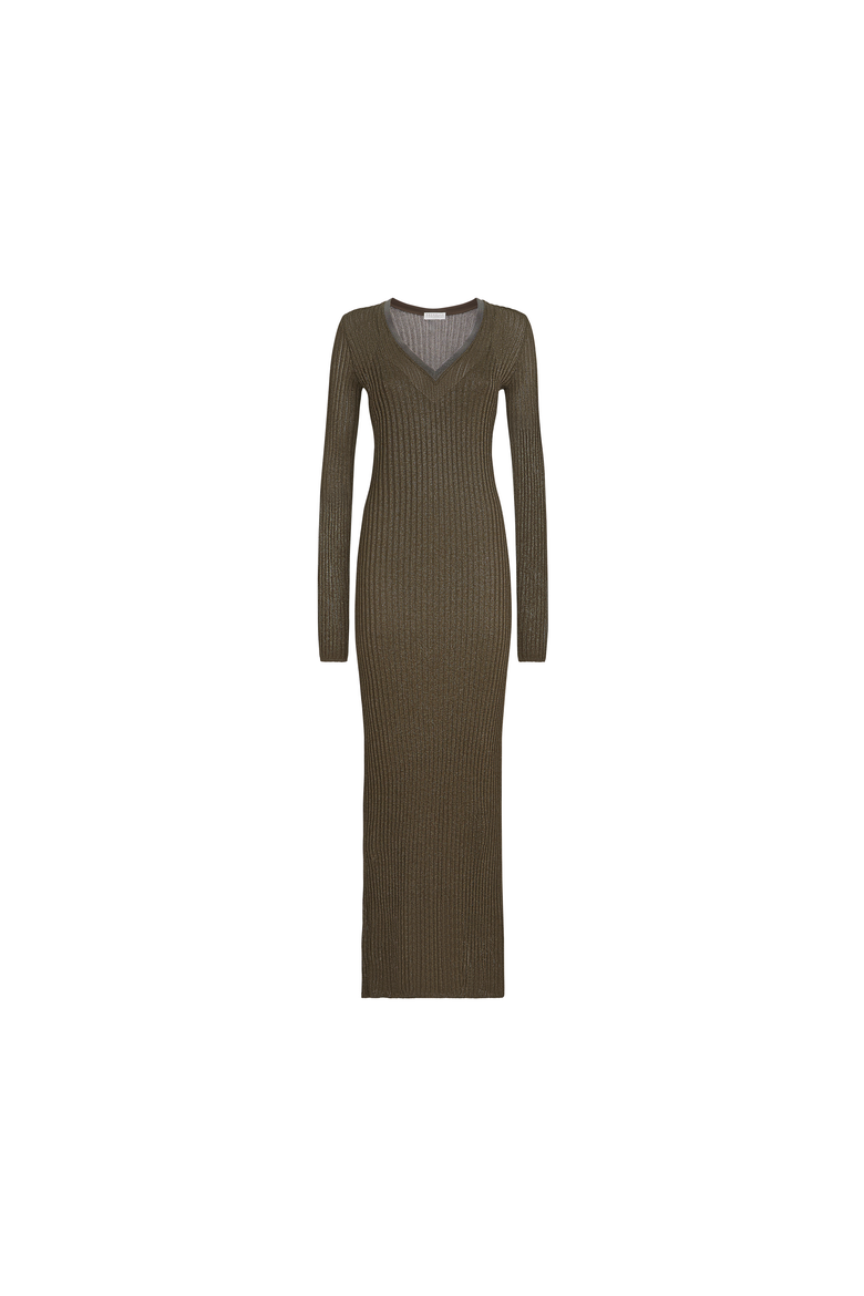 Sparkling rib knit dress with precious collar, Alternate, color, Coffee