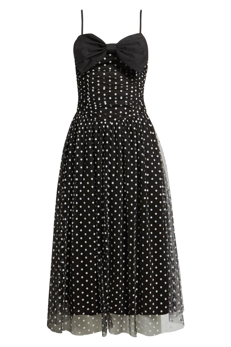 Bow Polka Dot Mesh Fit & Flare Midi Dress, Alternate, color, BLACK