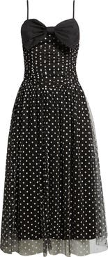MOON RIVER Bow Polka Dot Mesh Fit & Flare Midi Dress
