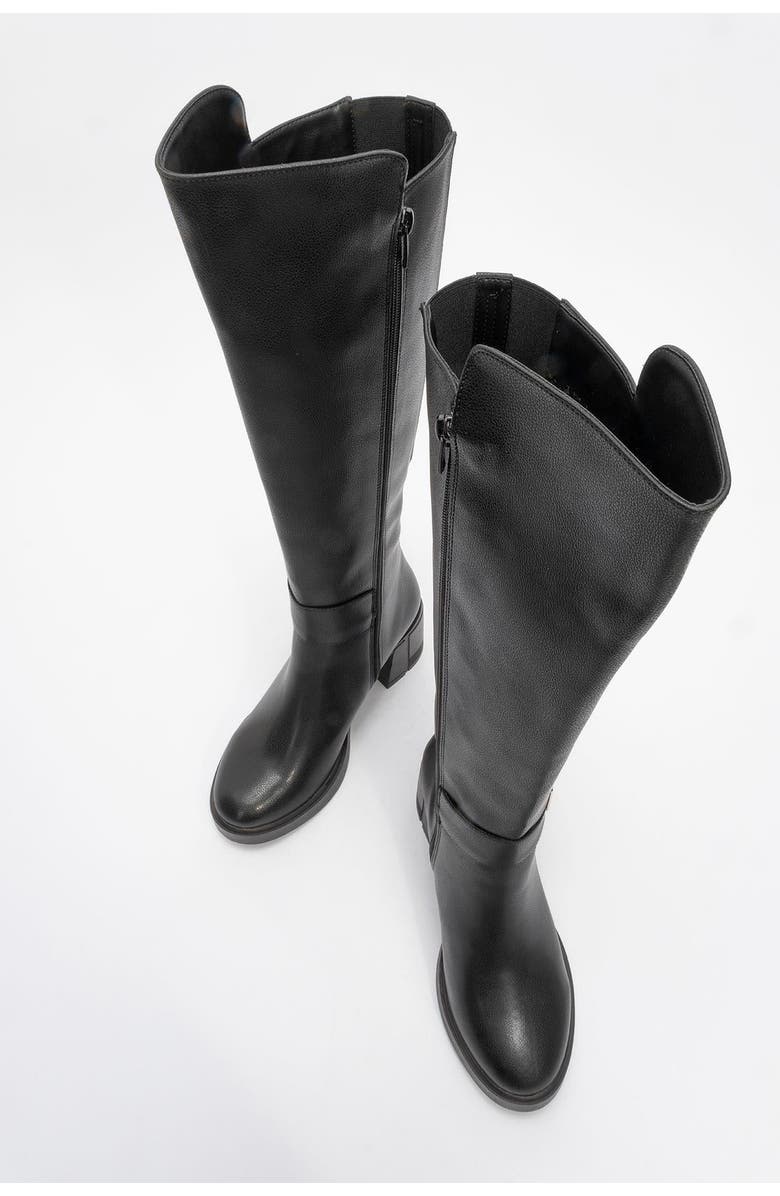 Prologue Shoes Moreni Stretch Buckle Block Heel Knee High Boot, Alternate, color, Black Stretch Faux Leather