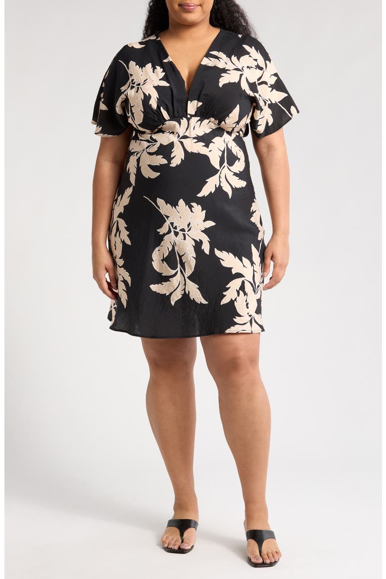 Floral Short Sleeve Empire Waist Dress, Main, color, BLACK/ TAUPE