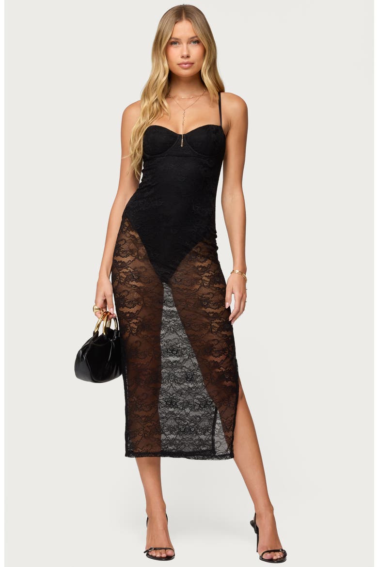 Sheer Lace Midi Body-Con Dress, Alternate, color, BLACK