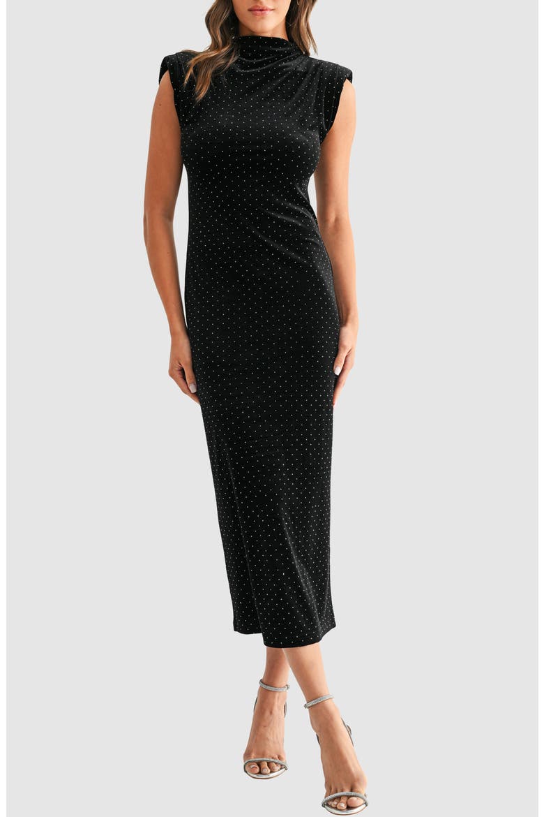 Rhinestone Padded Shoulder Velvet Cocktail Dress, Main, color, BLACK