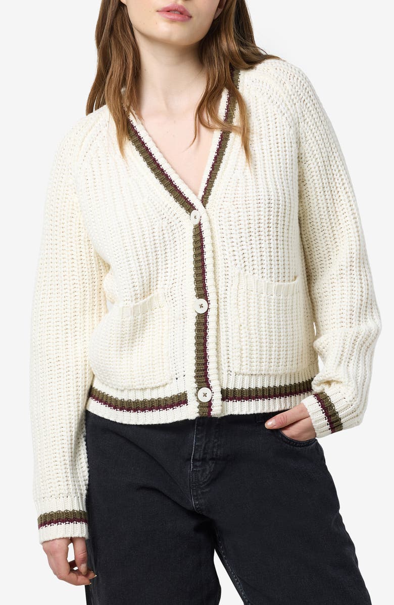 Noisy may Charlie Varsity V-Neck Cardigan, Main, color, Cloud Dancer Detail