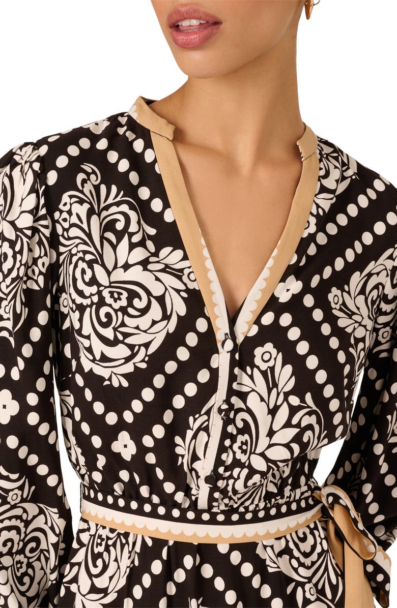 Adrianna Papell Mixed Print Long Sleeve Dress, Alternate, color, Black/ Ivory