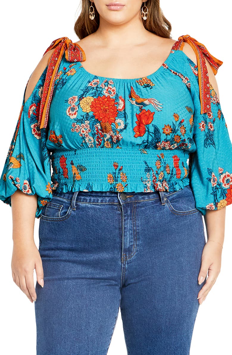 City Chic Venice Floral Print Smocked Waist Crop Top, Main, color, 