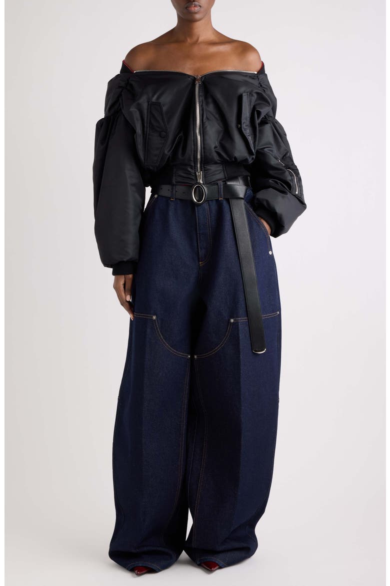 Off the Shoulder Bomber Jacket, Alternate, color, BLACK