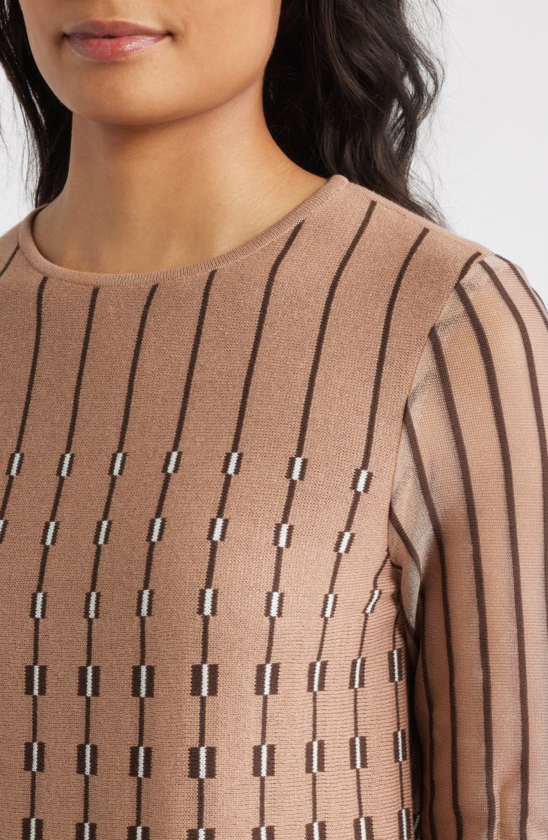 Ming Wang Vertical Stripe Sheer Sleeve Knit Top, Alternate, color, Warm Taupe/ Dark Umber/ Ivory