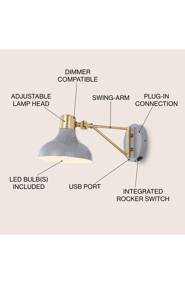 JONATHAN Y Lynn Swing Arm 1-Light Modern Midcentury Iron USB Charging Port LED Sconce, Alternate, color, Gray