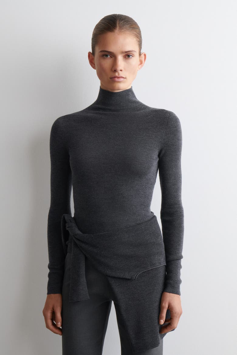 Seamless Merino Wool Turtleneck Long-Sleeved Top, Alternate, color, CHARCOAL MÉLANGE
