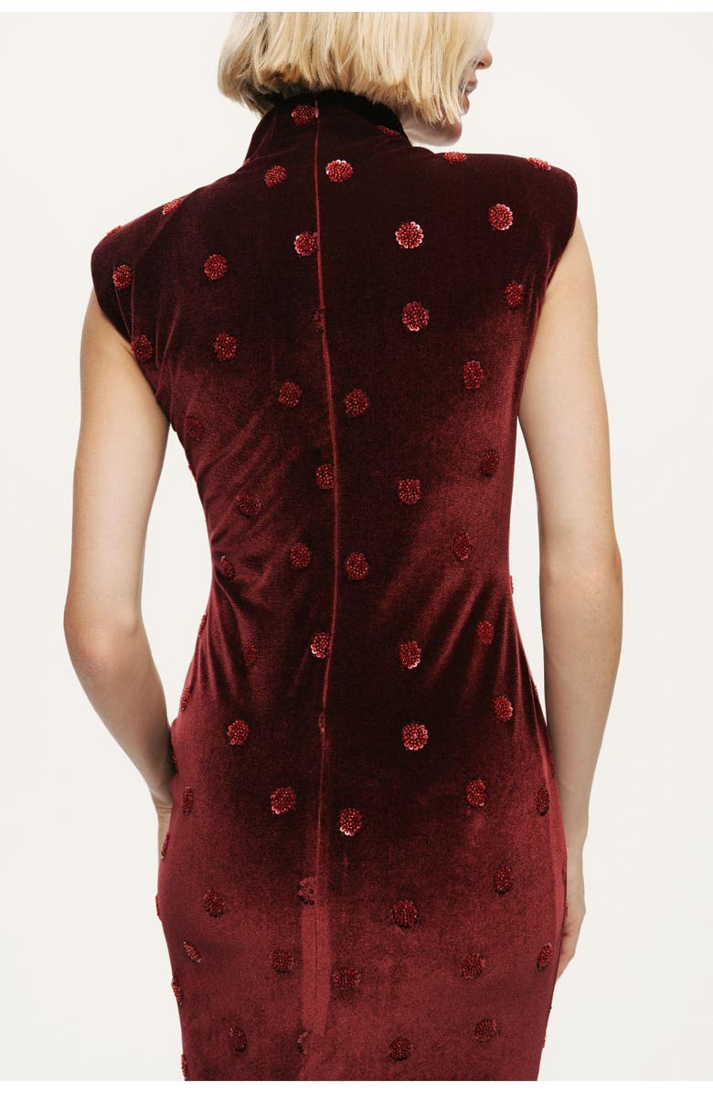 Nocturne Mandarin-Collar Velvet Midi Dress, Alternate, color, Burgundy