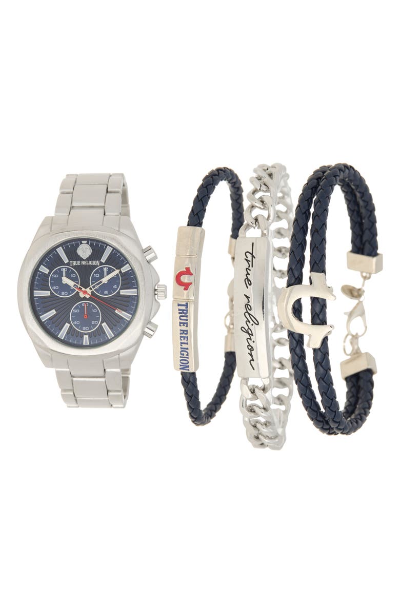 True Religion Logo Chronograph Watch & Bracelets Set, 44mm, Main, color, Silver