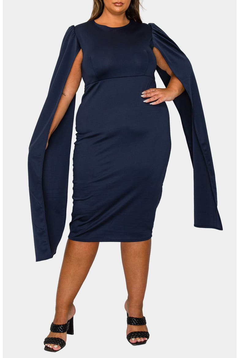 Naomi Cape Sleeve Midi Dress, Alternate, color, NAVY