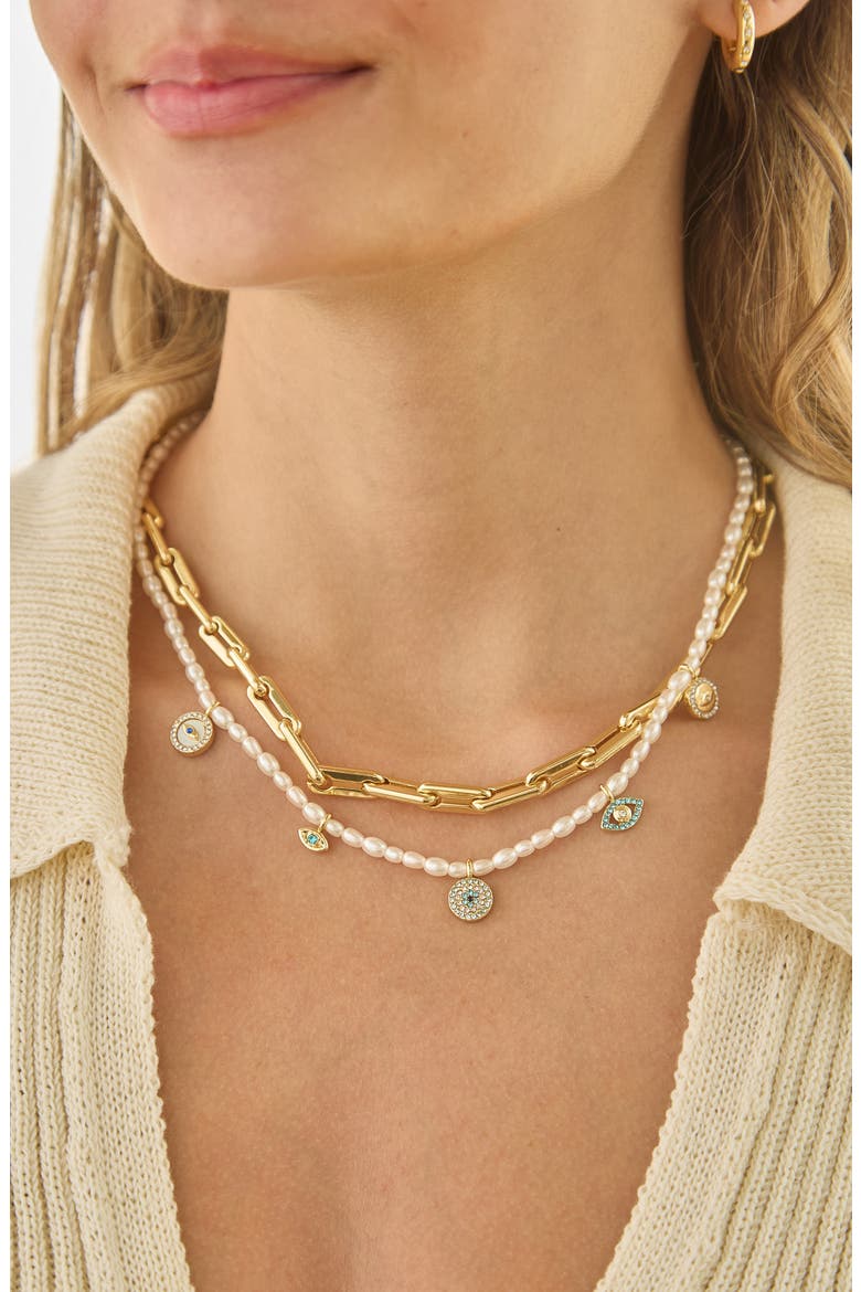 Evil Eye Faux Pearl Charm Necklace, Alternate, color, COOL MULTI