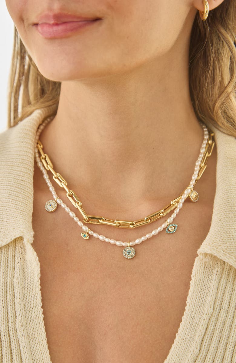 BaubleBar Evil Eye Faux Pearl Charm Necklace, Alternate, color, Cool Multi