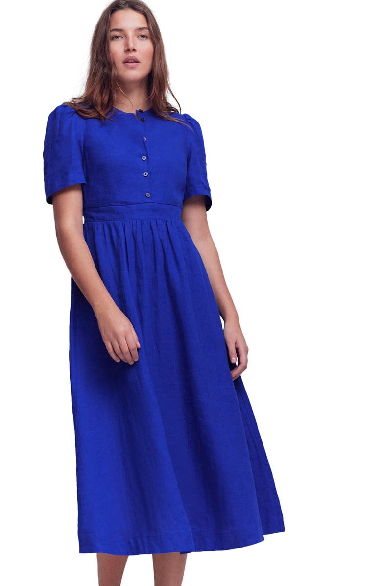Boden Ivy Short Sleeve Linen Midi Dress, Main, color, Bright Blue