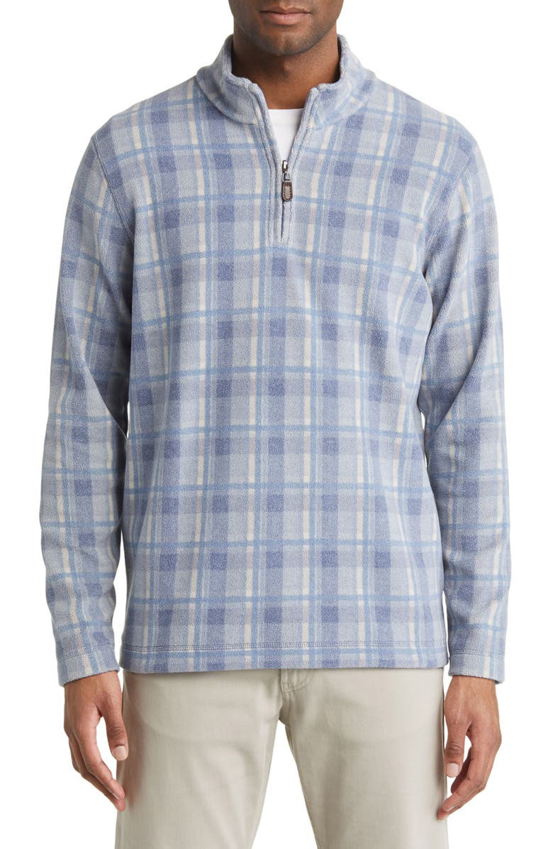 Johnston & Murphy Plaid Print Fleece Quarter Zip Pullover, Main, color, Blue Plaid