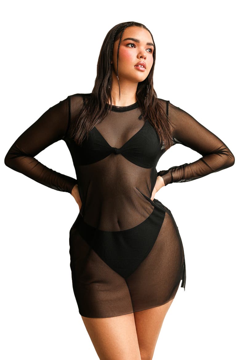 Main Long Sleeve Mesh Character Dress, Main, color, Black