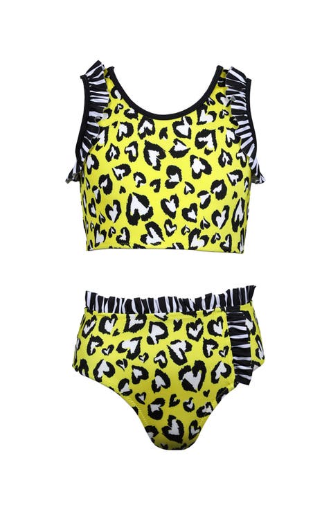 Kid's Heart Print Ruffle Detail Two Piece Bikini