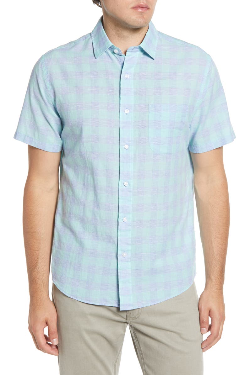 Faherty Regular Fit Check Short Sleeve Stretch Cotton & Linen Button-Up Sport Shirt, Main, color,