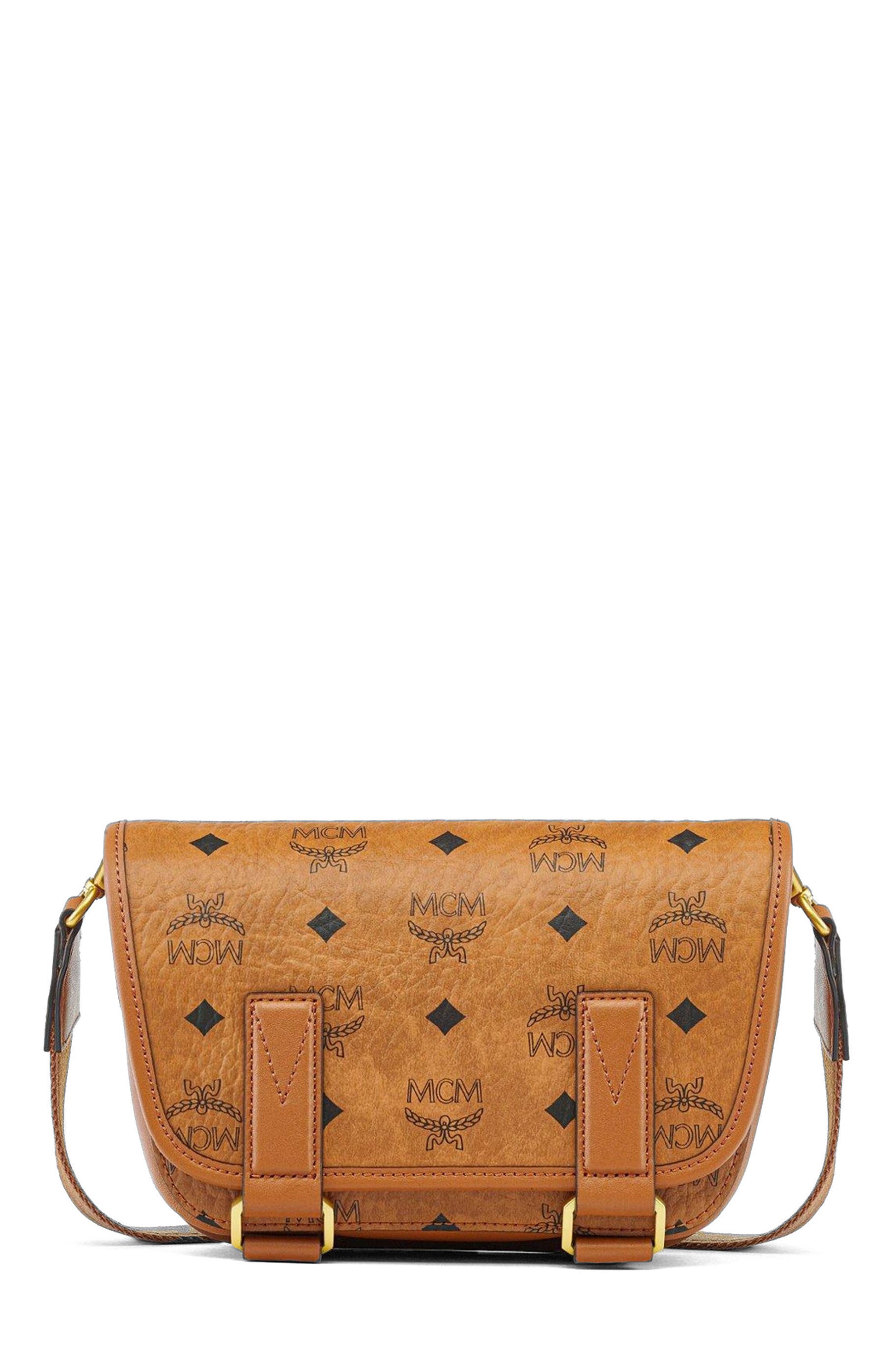 MCM Aren Messenger Bag in Visetos, Main, color, Cognac