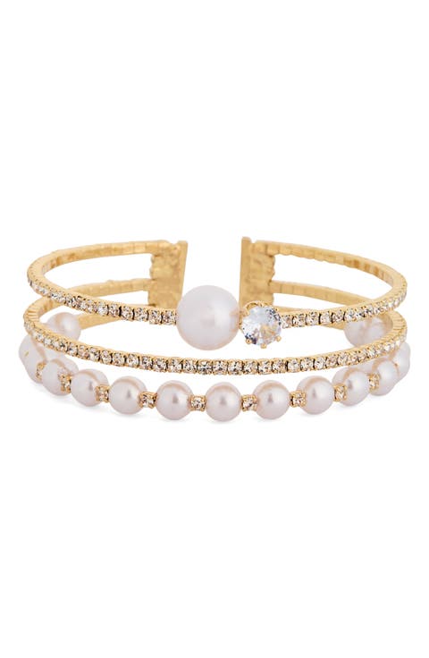 Cubic Zirconia & Pearl Triple Row Cuff Bracelet
