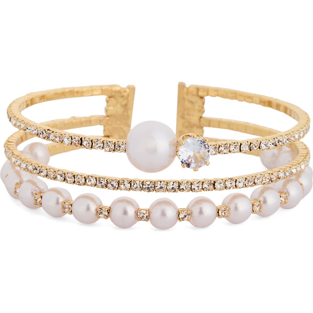 NORDSTROM RACK NORDSTROM RACK CUBIC ZIRCONIA & PEARL TRIPLE ROW CUFF BRACELET