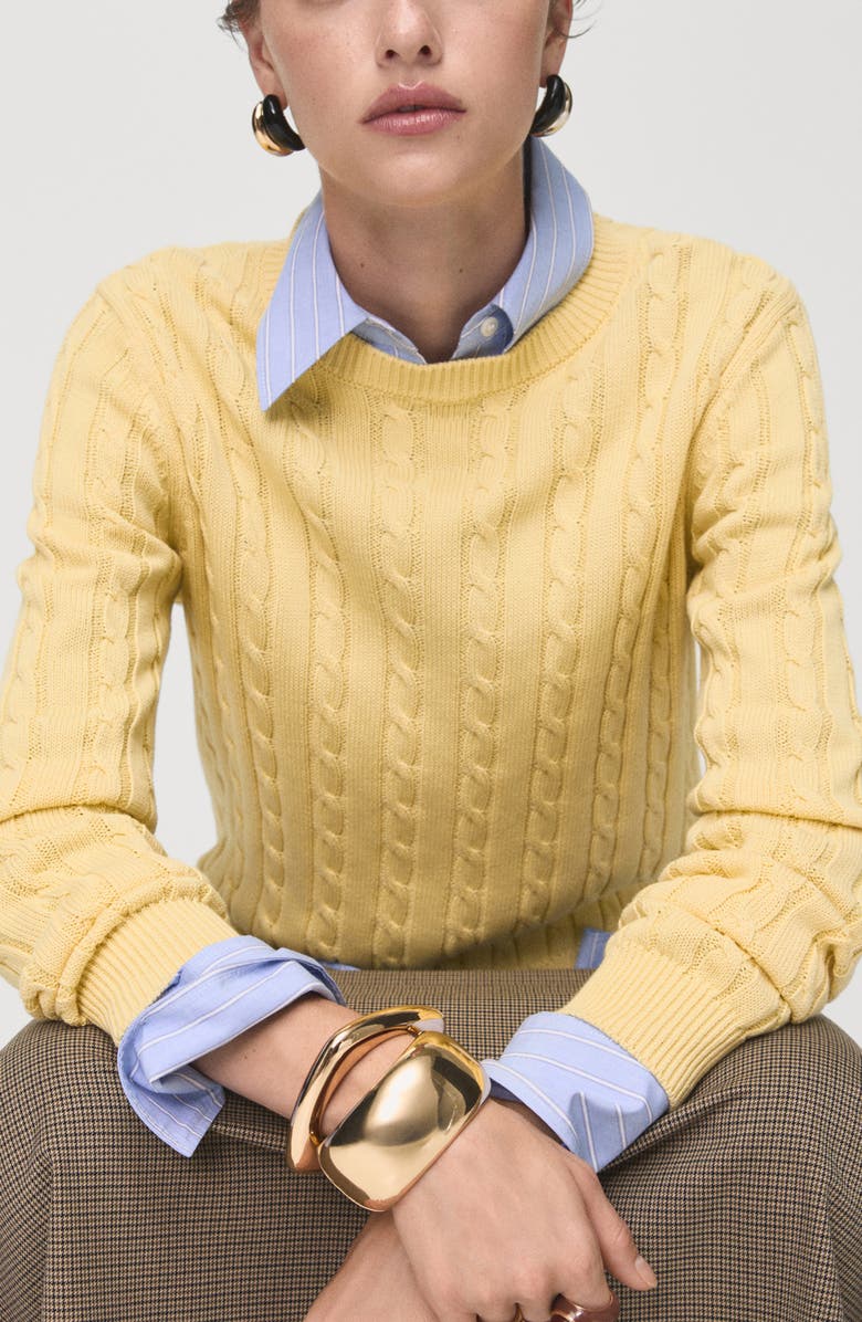 MANGO Cable Knit Cotton Sweater, Main, color, Pastel Yellow