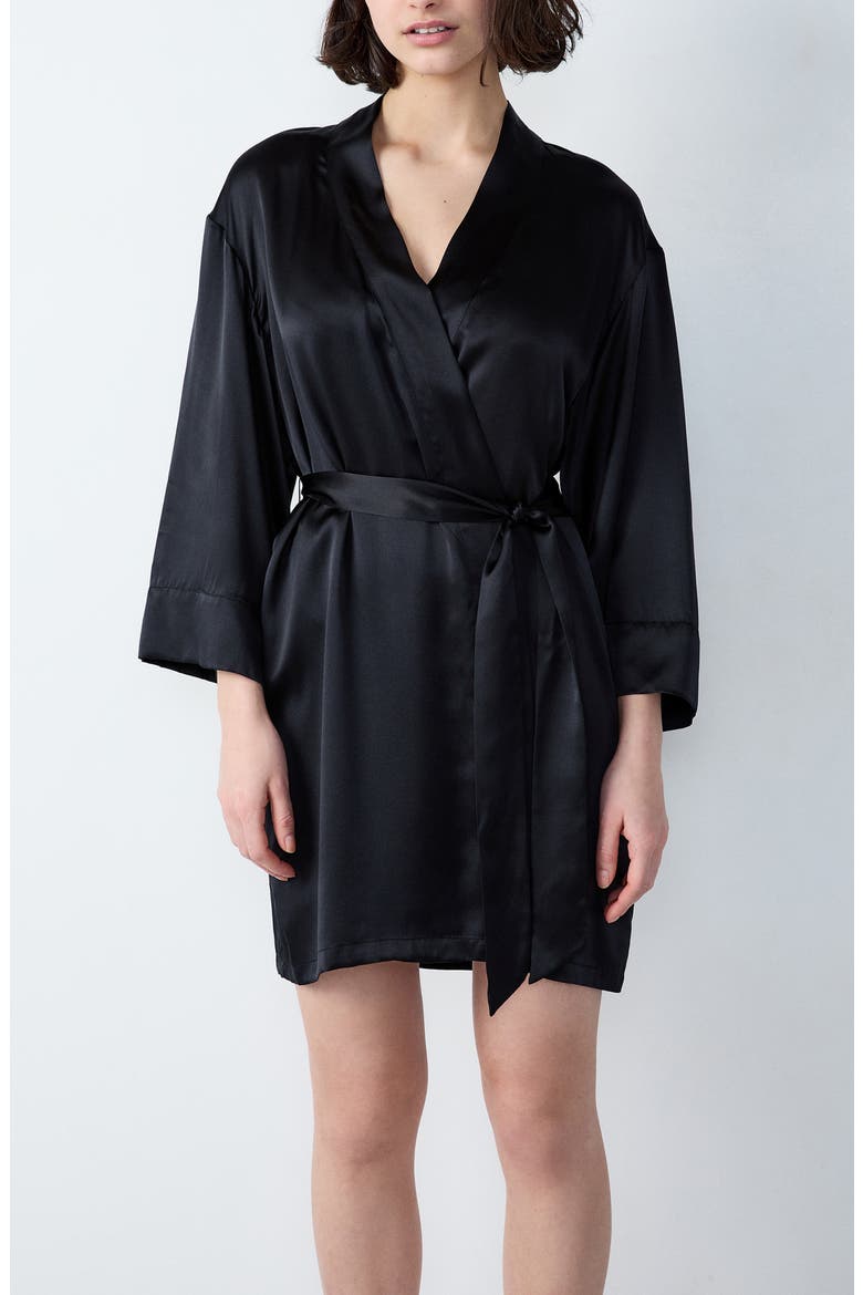 Pearly Deshabille Silk Robe, Main, color, BLACK