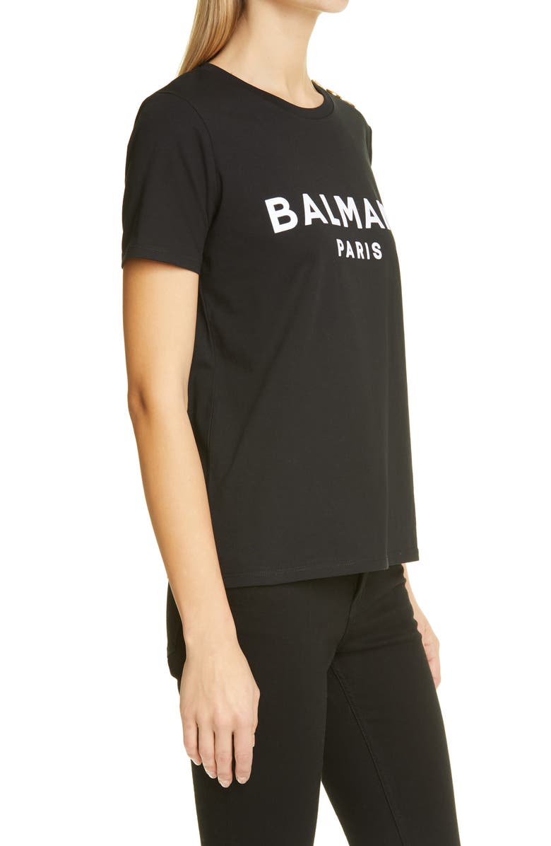 Balmain Button Shoulder Flocked Logo Graphic Tee, Alternate, color,