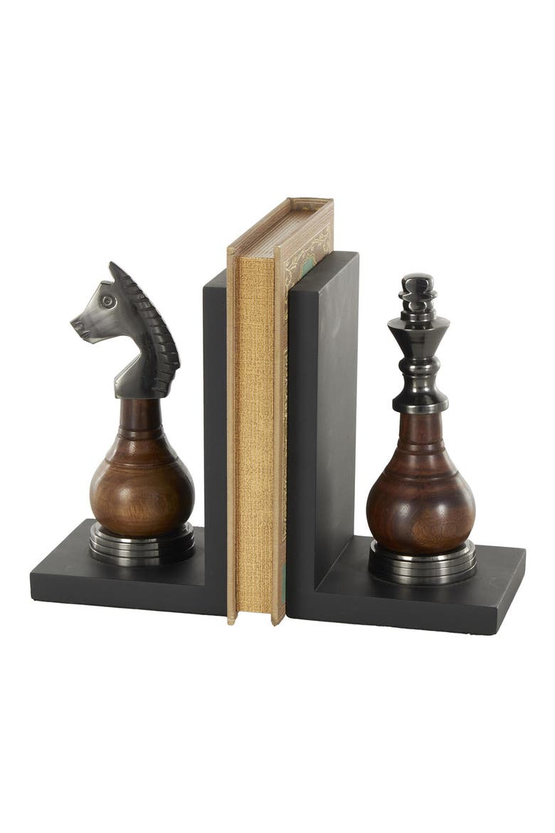 Chess Board Set of 2 Metal Bookends, Alternate, color, BLACK