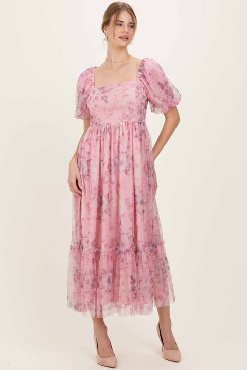 Floral Printed Tulle Puff Sleeve Midi Dress