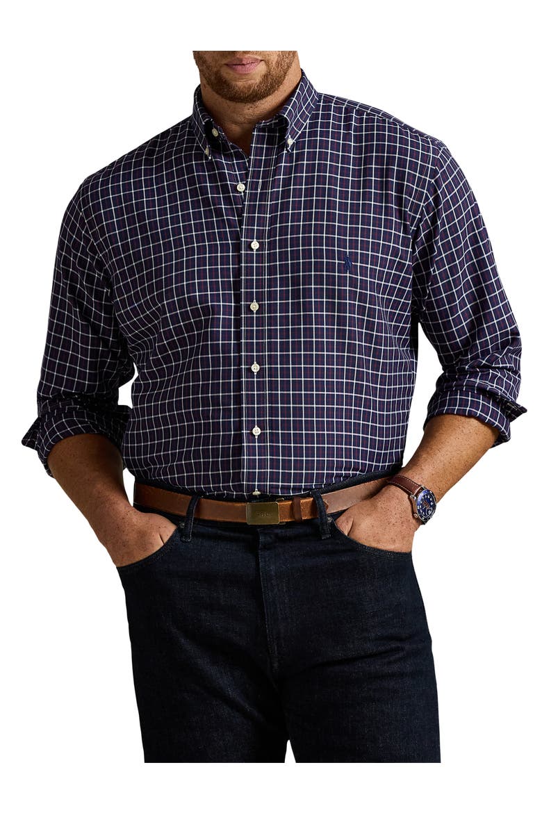 Big & Tall Performance Oxford Sport Shirt, Main, color, NAVY WINE MULTI