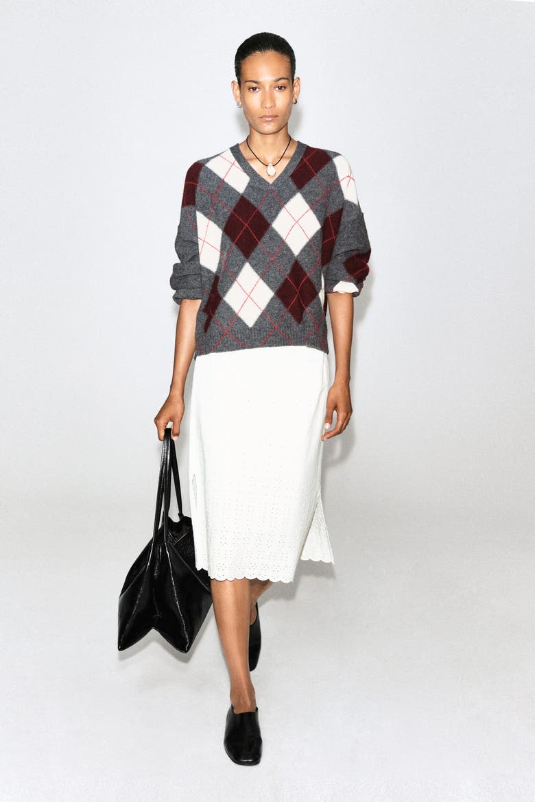 Argyle Wool-Alpaca V-Neck Sweater, Alternate, color, GRAY / RED / CHECKED