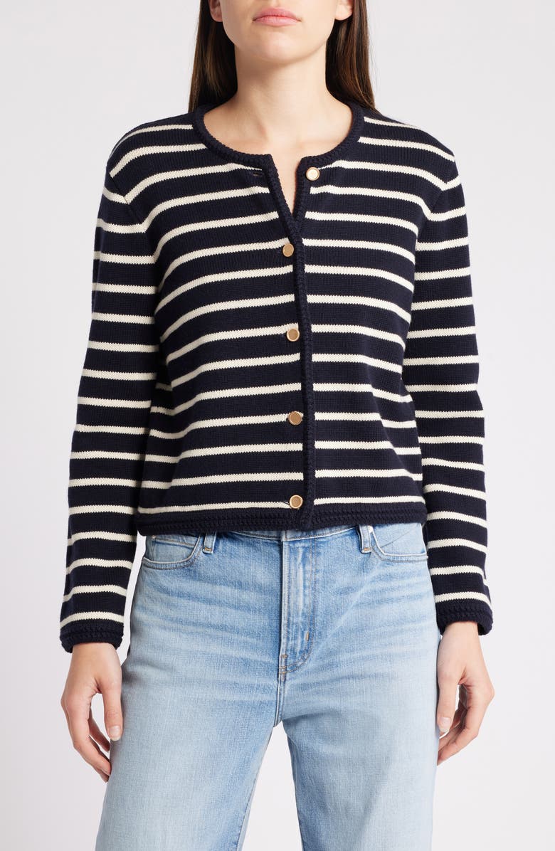 FRAME Stripe Merino Wool & Cotton Cardigan, Main, color,