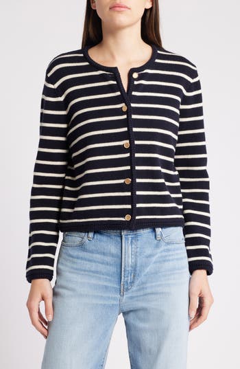 Frame Womens Vystriped-print Round-neck Wool And Cotton Cardigan In Navy Multi