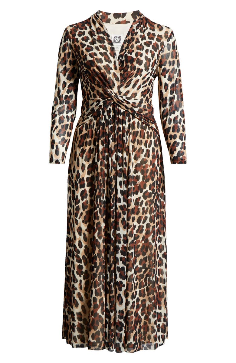 Anne Klein Leopard Print Twist Front Long Sleeve Mesh Maxi Dress, Alternate, color, Ivory/ Brown Leopard Print