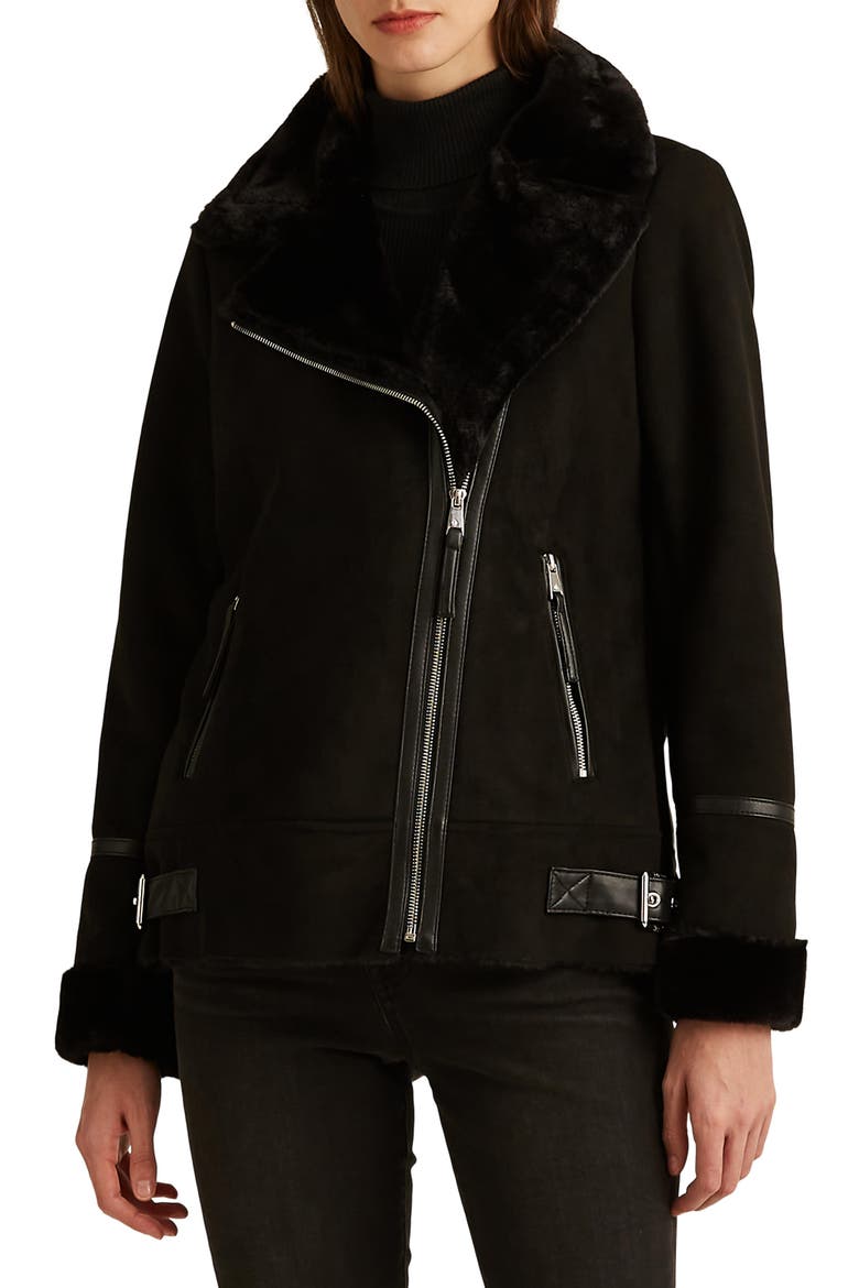 Faux Shearling Moto Jacket, Main, color, BLACK