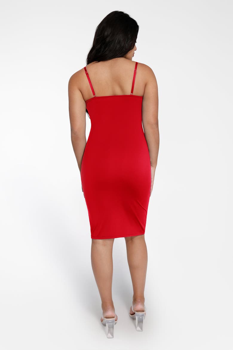 Shapewear Mesh Corset Panel Built-In Sculpting Midi Dress, Alternate, color, Bright red