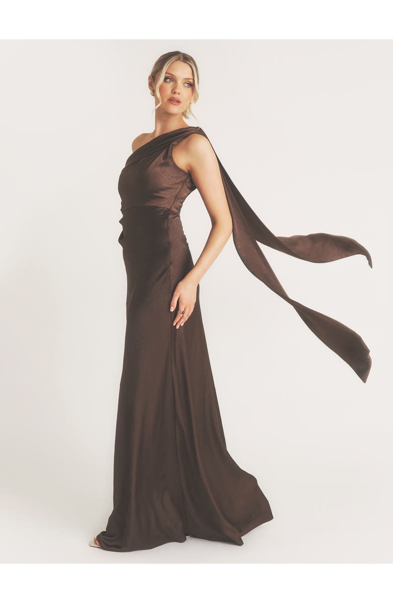 Six Stories One Shoulder Drape Bridesmaid Dress, Alternate, color, Chocolate