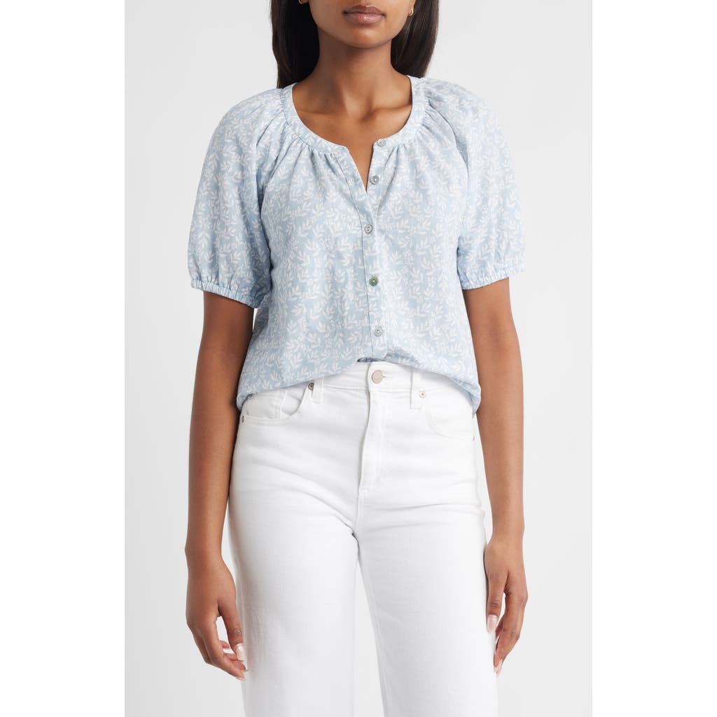 Bobeau Print Puff Sleeve Button-up Top