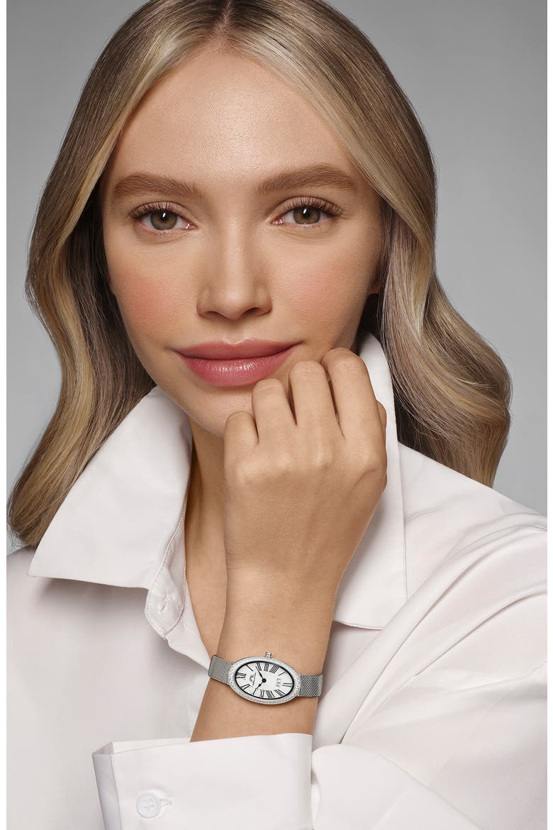 Women's Eloise Oval Guilloche Dial Topaz Stainless Steel Watch, Alternate, color, SILVER