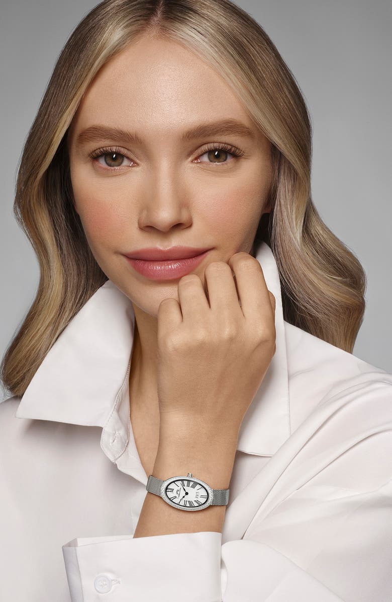 PORSAMO BLEU Women's Eloise Oval Guilloche Dial Topaz Stainless Steel Watch, Alternate, color, Silver