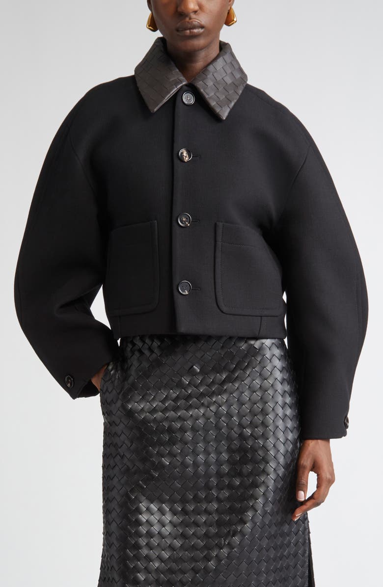 Bottega Veneta Curved Sleeve Crop Jacket with Intrecciato Leather Collar, Main, color, 