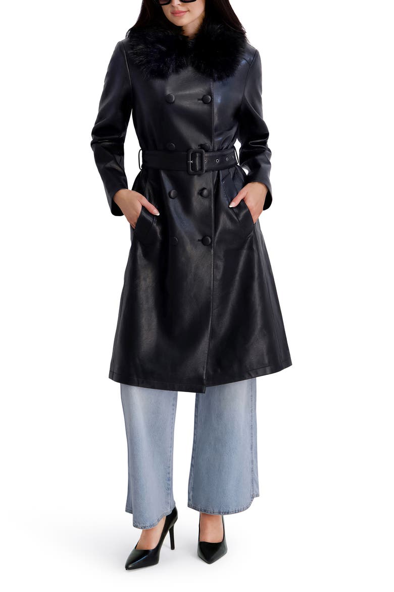 Faux Leather Trench Coat with Faux Fur Collar, Alternate, color, BLACK