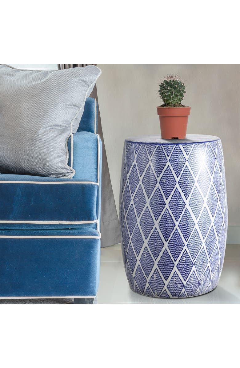 JONATHAN Y Moroccan Diamonds 18" Ceramic Drum Garden Stool, Alternate, color, Blue/White