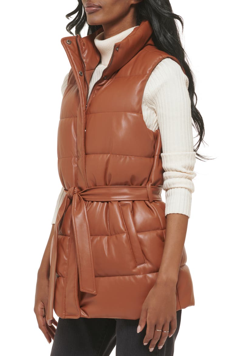 361™ Belted Water Resistant Faux Leather Puffer Vest, Alternate, color, CAMEL