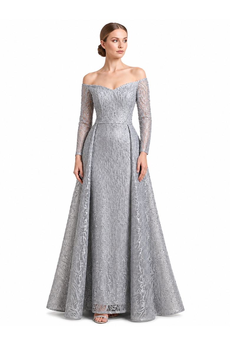 Off Shoulder Overskirt Gown, Alternate, color, Slate